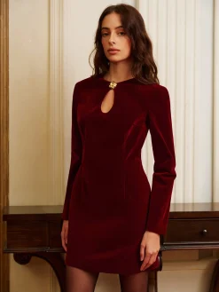 COMMENSE Metal-Detail Keyhole Neckline Velvet Short Dress* Dresses