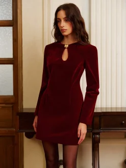 COMMENSE Metal-Detail Keyhole Neckline Velvet Short Dress* Dresses