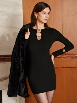 COMMENSE Metal-Floral Ribbed Short Dress* Black Dresses|Casual Dresses