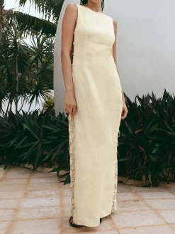 COMMENSE Metallic O-Ring Cutout Long Dress* White Dresses|Vacation Dresses