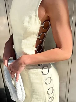 COMMENSE Metallic O-Ring Cutout Long Dress* White Dresses|Vacation Dresses