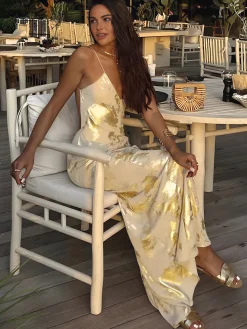 COMMENSE Metallic Print V-Neck Backless Slip Long Dress* Casual Dresses|Cocktail & Party Dresses