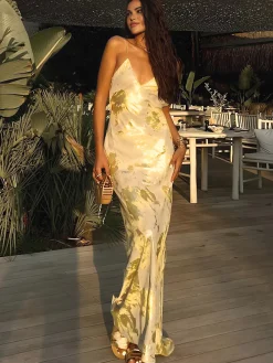 COMMENSE Metallic Print V-Neck Backless Slip Long Dress* Casual Dresses|Cocktail & Party Dresses