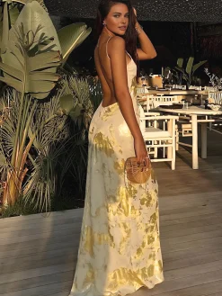 COMMENSE Metallic Print V-Neck Backless Slip Long Dress* Casual Dresses|Cocktail & Party Dresses