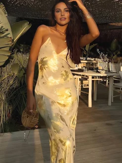 COMMENSE Metallic Print V-Neck Backless Slip Long Dress* Casual Dresses|Cocktail & Party Dresses