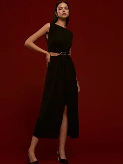 COMMENSE Metal-Ring Cutout Pleated Dress* Black Dresses|Casual Dresses