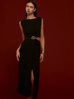 COMMENSE Metal-Ring Cutout Pleated Dress* Black Dresses|Casual Dresses