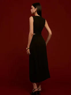 COMMENSE Metal-Ring Cutout Pleated Dress* Black Dresses|Casual Dresses