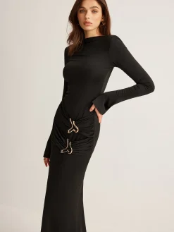 COMMENSE Metal-Ring Pleated Jersey Dress* Black Dresses|Cocktail & Party Dresses