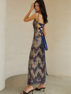 COMMENSE Midnight Garden Lace Up Cami Long Dress* Casual Dresses|Vacation Dresses