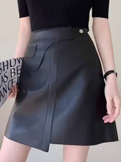 COMMENSE Mid-Waist Asymmetrical Faux Leather Mini Skirt* Bottoms
