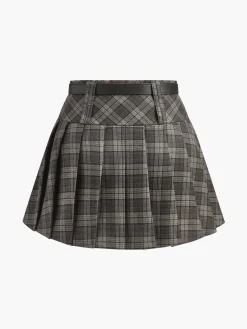 COMMENSE Mid-Waist Checked Pleated Skirt With Belt* Skirts|Bottoms