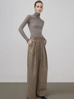 COMMENSE Mid-Waist Tweed Pleated Wide-Leg Pants* Bottoms