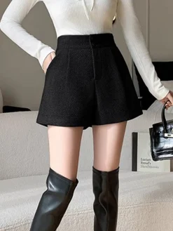 COMMENSE Mid-Waist Tweed Pockets Wide-Leg Shorts* Bottoms