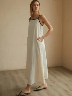 COMMENSE Minimalism Contrast Trim Long Dress* White Dresses|Casual Dresses