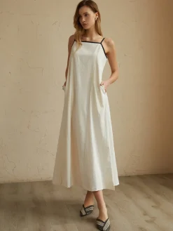 COMMENSE Minimalism Contrast Trim Long Dress* White Dresses|Casual Dresses