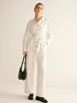 COMMENSE Minimalist Button Polo Jumpsuit With Belt* White Dresses|Jumpsuits & Rompers