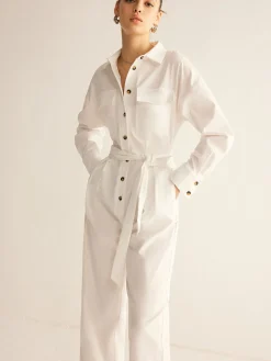 COMMENSE Minimalist Button Polo Jumpsuit With Belt* White Dresses|Jumpsuits & Rompers