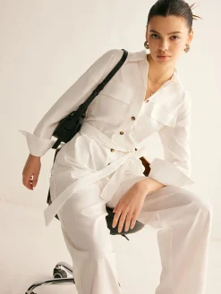 COMMENSE Minimalist Button Polo Jumpsuit With Belt* White Dresses|Jumpsuits & Rompers