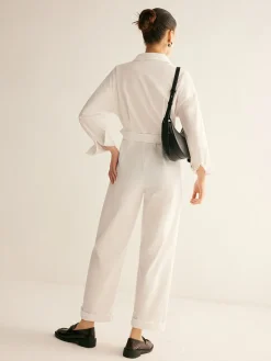COMMENSE Minimalist Button Polo Jumpsuit With Belt* White Dresses|Jumpsuits & Rompers