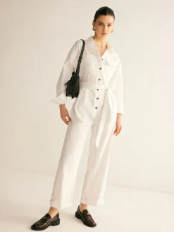 COMMENSE Minimalist Button Polo Jumpsuit With Belt* White Dresses|Jumpsuits & Rompers