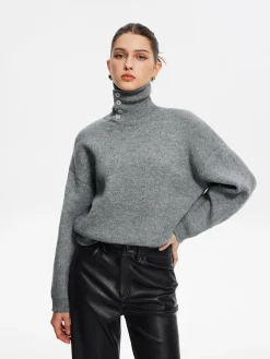 COMMENSE Minimalist Button Turtleneck Sweater* Sweater Tops|Sweaters & Cardigans