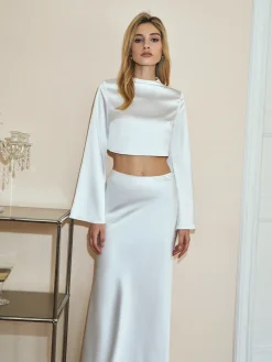 COMMENSE Minimalist Crop Satin Skirt Set* Skirt Sets|Long Sleeve Sets