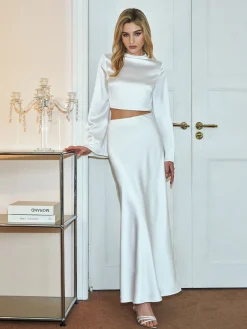 COMMENSE Minimalist Crop Satin Skirt Set* Skirt Sets|Long Sleeve Sets