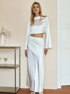 COMMENSE Minimalist Crop Satin Skirt Set* Skirt Sets|Long Sleeve Sets