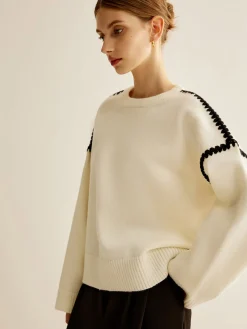 COMMENSE Minimalist Embroidered Trim Sweater* Sweater Tops|Sweaters & Cardigans