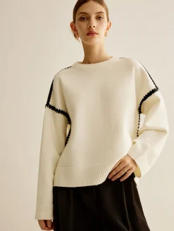 COMMENSE Minimalist Embroidered Trim Sweater* Sweater Tops|Sweaters & Cardigans