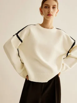 COMMENSE Minimalist Embroidered Trim Sweater* Sweater Tops|Sweaters & Cardigans