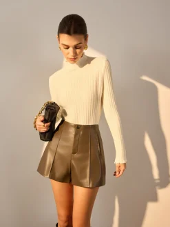 COMMENSE Minimalist Lettuce Trim Mock Neck Knit Top* Sweater Tops|Sweaters & Cardigans