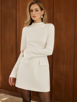 COMMENSE Minimalist Plain Mock Neck Dress* White Dresses|Black Dresses