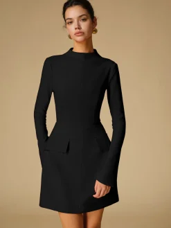 COMMENSE Minimalist Plain Mock Neck Dress* White Dresses|Black Dresses