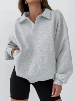 COMMENSE Minimalist Plain Polo Sweatshirt* Sweatshirts & Hoodies|Tops