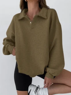 COMMENSE Minimalist Plain Polo Sweatshirt* Sweatshirts & Hoodies|Tops