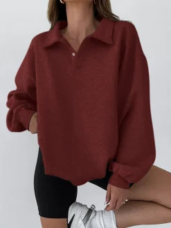 COMMENSE Minimalist Plain Polo Sweatshirt* Sweatshirts & Hoodies|Tops