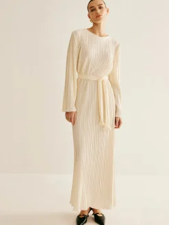 COMMENSE Minimalist Plisse Ruffle Belted Dress* White Dresses|Casual Dresses