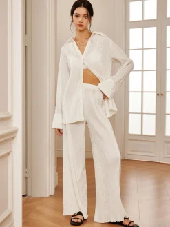 COMMENSE Minimalist  Plisse Wide Leg Pants* Long Sleeve Sets|Wide Leg