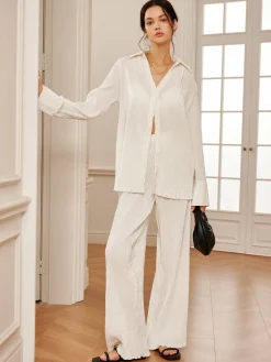 COMMENSE Minimalist  Plisse Wide Leg Pants* Long Sleeve Sets|Wide Leg