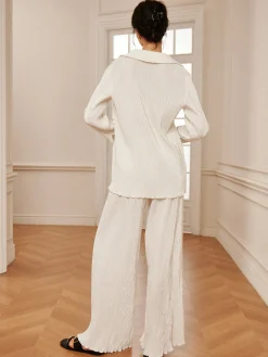 COMMENSE Minimalist  Plisse Wide Leg Pants* Long Sleeve Sets|Wide Leg