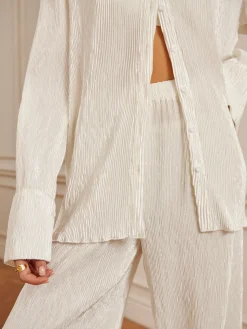 COMMENSE Minimalist  Plisse Wide Leg Pants* Long Sleeve Sets|Wide Leg