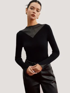 COMMENSE Minimalist Sheer Ribbed Stretch Sweater* Sweater Tops|Sweaters & Cardigans