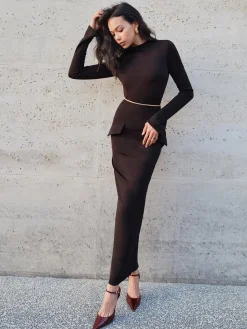 COMMENSE Minimalist Slim Long Dress Without Belt* Black Dresses|Casual Dresses