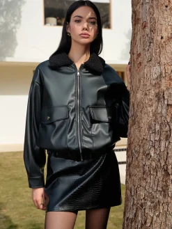 COMMENSE Minky Collar PU Leather Short Jacket* Outerwear|Tops