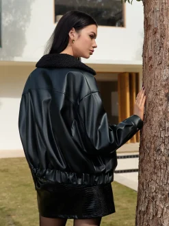 COMMENSE Minky Collar PU Leather Short Jacket* Outerwear|Tops
