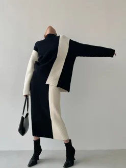 COMMENSE Miss Paris Stripe Two Piece Knit Skirt Set* Skirt Sets|Long Sleeve Sets