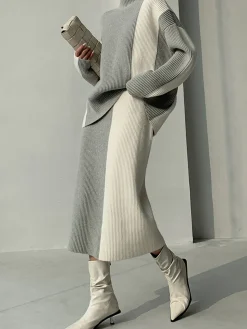 COMMENSE Miss Paris Stripe Two Piece Knit Skirt Set* Skirt Sets|Long Sleeve Sets