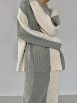 COMMENSE Miss Paris Stripe Two Piece Knit Skirt Set* Skirt Sets|Long Sleeve Sets